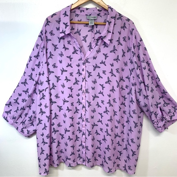 Catherines Top Woman 4XL  Button Up Butterfly Print Purple Lilac Casual‎ Office - Picture 1 of 10